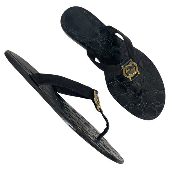 Gucci Interlocking GG Logo Thong Sandal Slide Black Gold Size 41